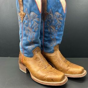 JB Dillon Reserve Women’s 7 B Leather Cowboy Western Boots Blue Brown Square Toe